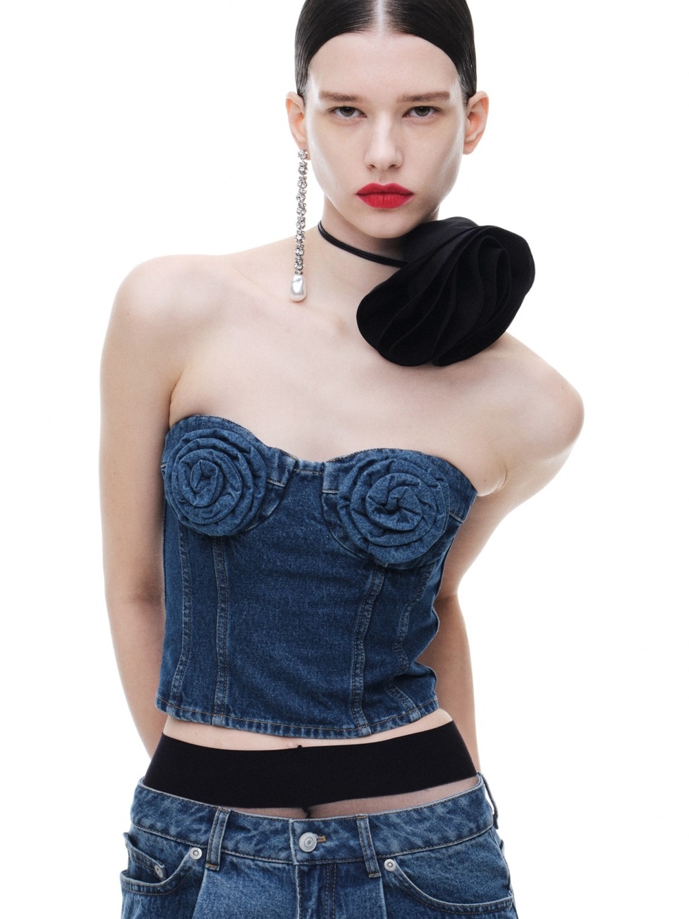 Magda Butrym x H&M Denim Rosette Strapless Bustier Top - Blue